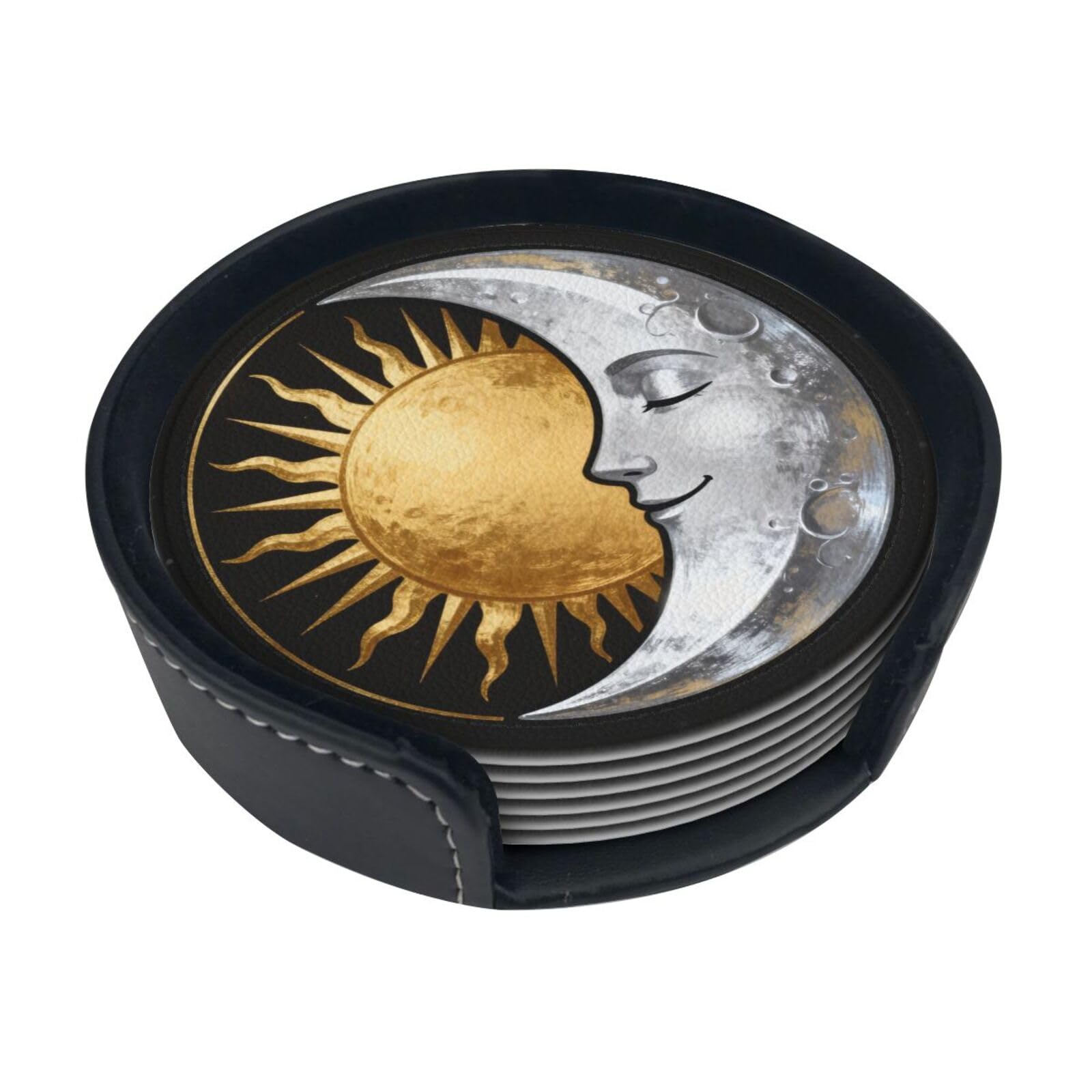 Cntdbu White Sun Moon Face Leather Coasters Set Of 6-Pu Leather Drink Mats For Table, Heat Resistant Round Coasters With Holder