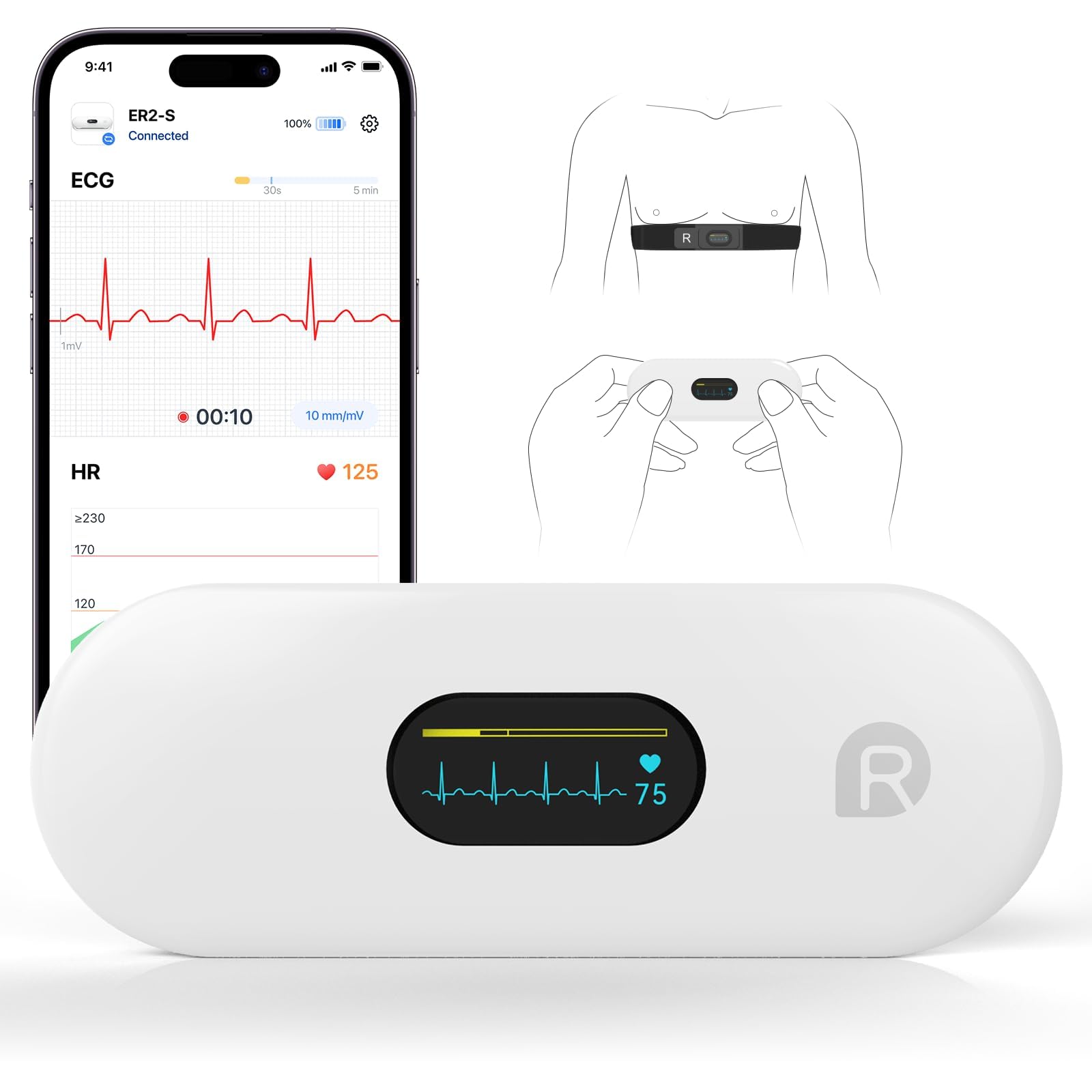 CheckMe DuoEK-S ECG Portátil, con Análisis de Informes ECG, Monitorización de 30s - 5 min, Monitor de ECG Bluetooth con Pantalla OLED de 0,96 pulgadas, APP para iOS & Android
