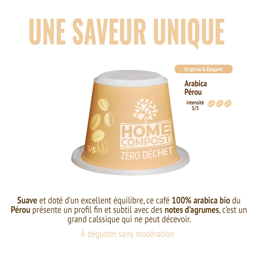 MOKA - 100 Capsules Café Bio d’excellence 100% Pur Arabica du Pérou Bio (10*10) - Délicat et Fruité - Compatibles avec Nespresso - Intensité 6 - Home Compost - Expresso et Lungo - Torréfié en France