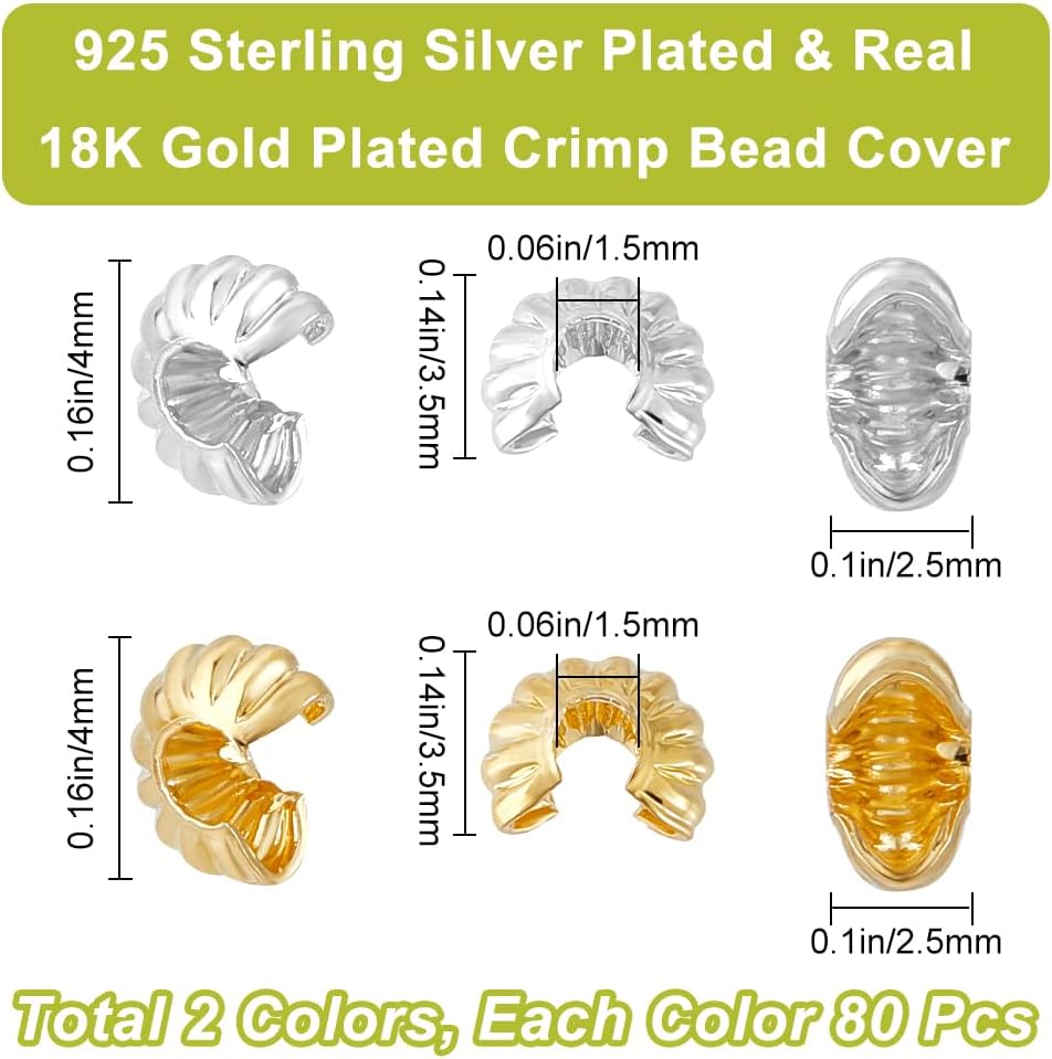 Beebeecraft 1 Box 160Pcs Crimp Bead Covers Sterling Silver Plated & 18K Gold Plated 2 Colors Half Round Open Crimp Beads End Tip 4mm for DIY Jewellery Makings - Image 2