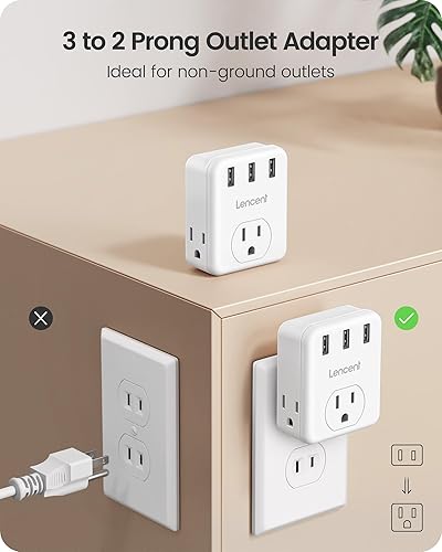 Miniatura 2 de LENCENT Adaptador de 3 clavijas a 2 clavijas, paquete de 2, extensor de 3 tomas de corriente con 3 puertos USB, cargador de pared, divisor extensor