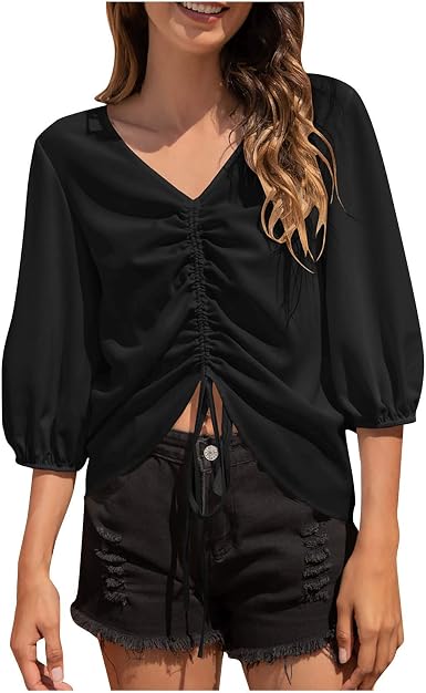 Amazon.com: Blusas para mujer moda 2021,Casual Color sólido manga de siete  partes con cordón Tops : Ropa, Zapatos y Joyería