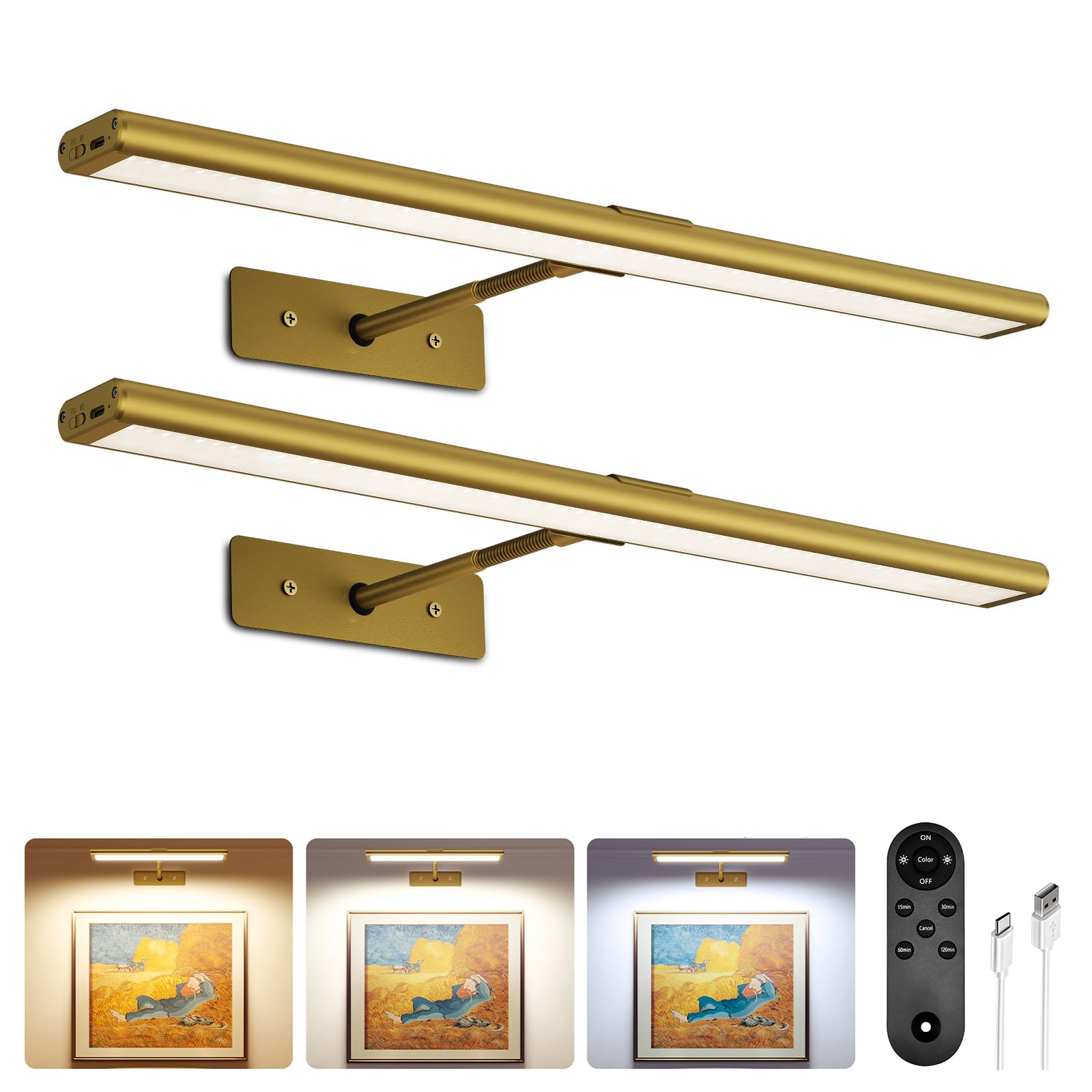 Ezvalo Gold Picture Lights For Wall, Rechargeable Picture Light With Remote, Dimmable & 3 Color Temps, 180° Adjustable Magnetic Wall Lights For Dartboard Frame Gallery (2 Pack, )