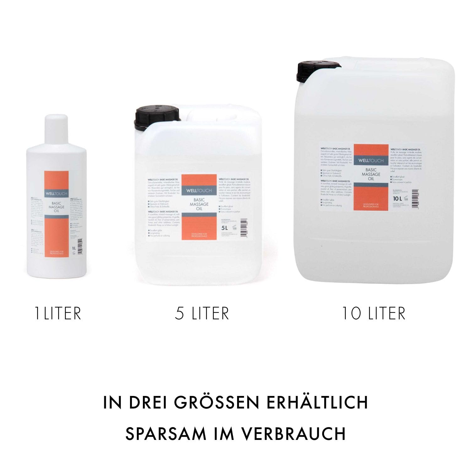 WellTouch Basic Massage Oil,10-Liter-Kanister, neutral, reizfrei, sparsam im Verbrauch, Massage-Öl in Profi-Qualität für Physiotherapie, Spa & Wellness