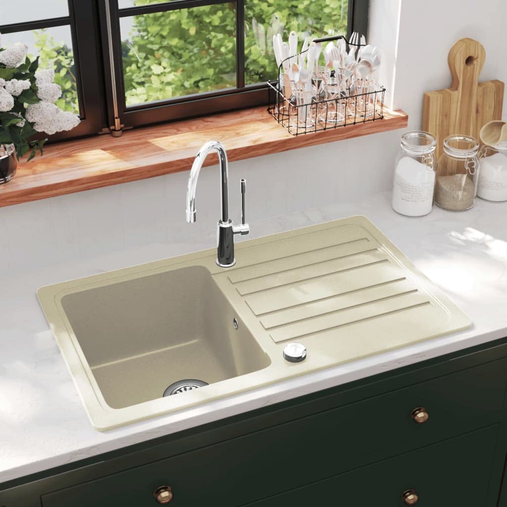 Fregadero individual de granito, 80% cuarzo, 20% resina, 765 x 460 mm, con cesta colador, resistente al calor hasta 280 °C, resistente a los arañazos, fácil de montar