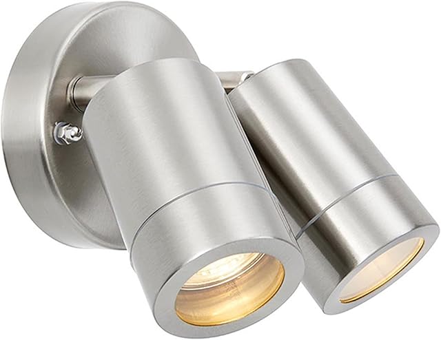 ENDON Palin Twin Outside Lights with Sensor - Outdoor Wall Lights - IP44 Rated Mains Powered Security Lights Spotlights - Brushed Stainless Steel Finish - Requires 2X 7W LED GU10 (Not Supplied)