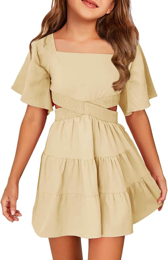 Batermoon Girls Summer Dress Square Neck Short Sleeve Crossover Waist Casual A-line Mini Dress Beige: Clothing, Shoes & Jewelry