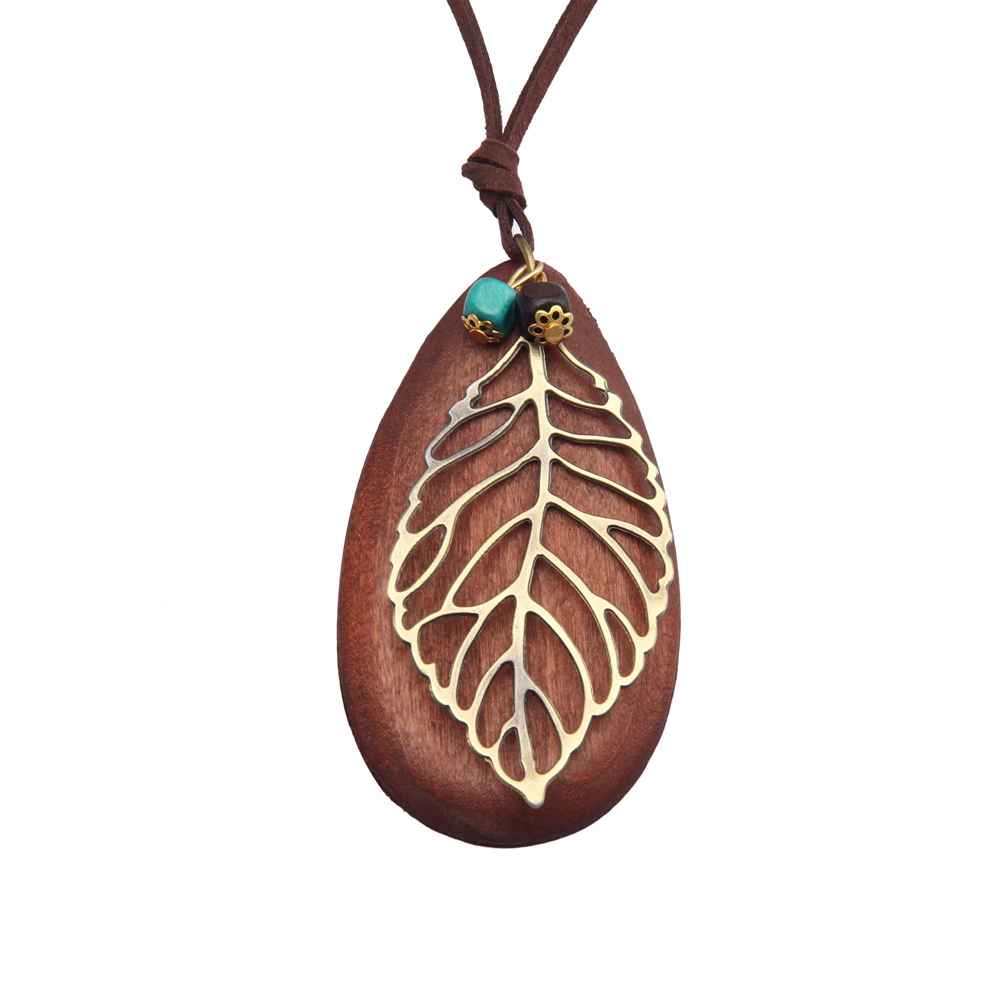 GelConnie Leather Cord Necklace Chain Multilayer Wooden Pendant Necklaces Vintage Jewelry Boho Long Sweater Necklace for Women Men