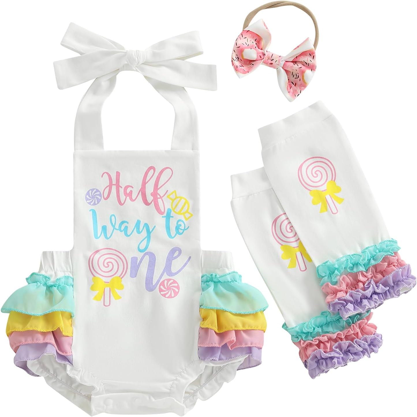 Baby Girl 1/2 Birthday Outfit Half Way to One Halter Romper Bodysuit Leg Warmers Headband Cake Smash Clothes Set