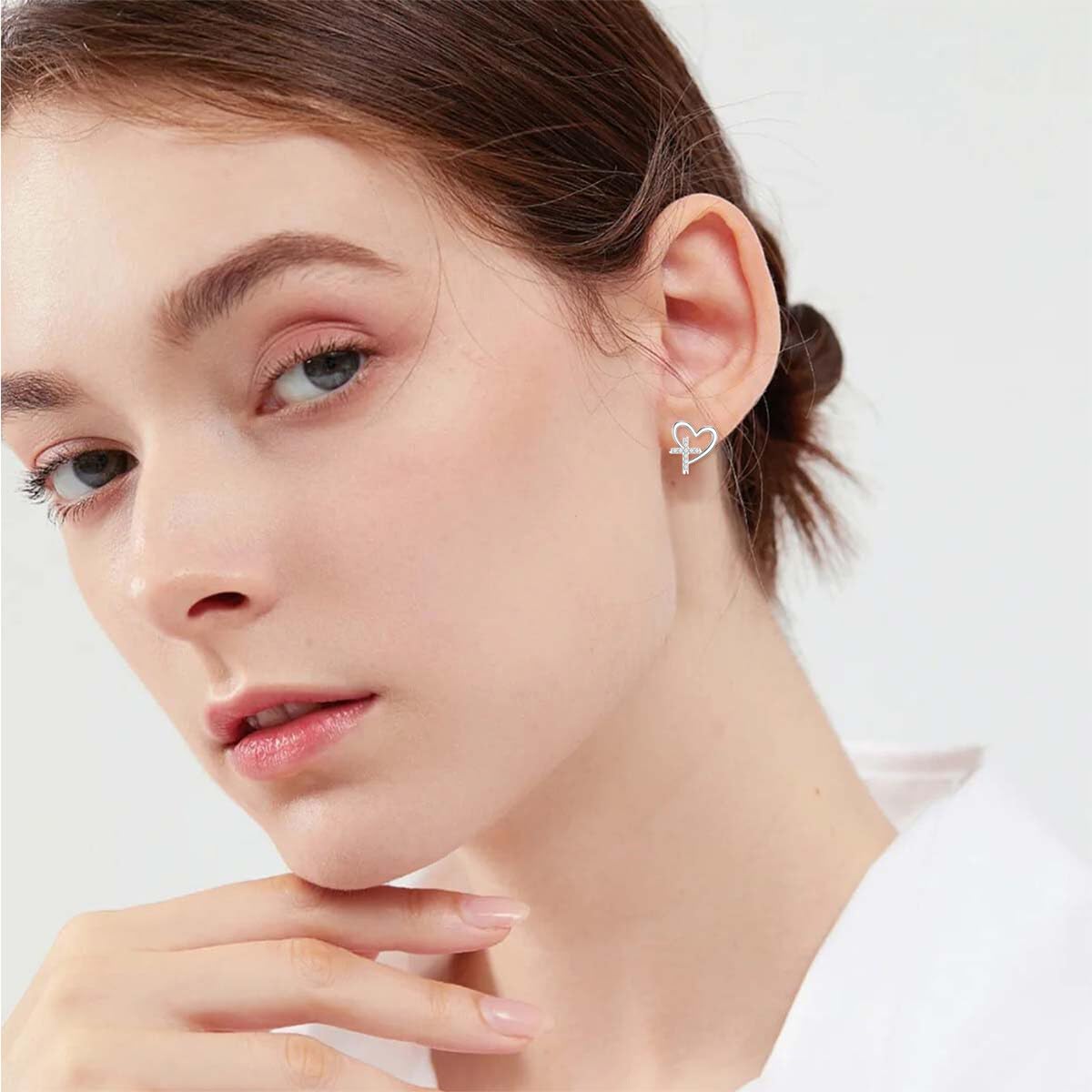 Diamond Heart Cross Stud Earrings for Women 925 Sterling Silver 0.13 CTTW Lab Grown Diamond Earrings Jewelry Gifts for Mom Wife Girlfriend Daughter Sister