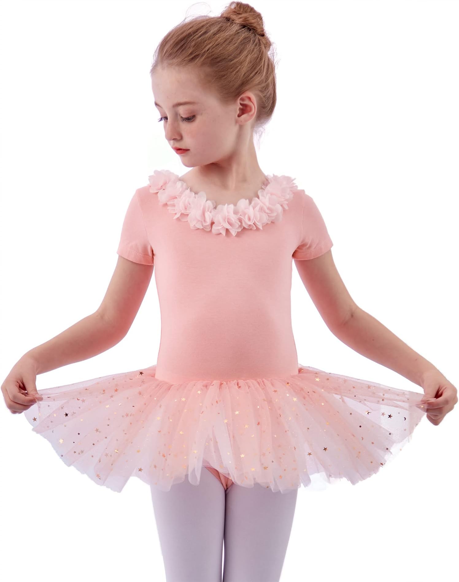 MdnMd Toddler Girls Short Sleeve Star Glitter Ballet Tutu Leotard Dance Ballerina Outfit Dress with Flower Front