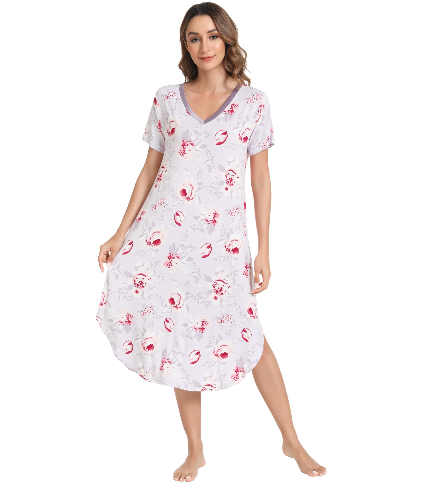NACHILA Bamboo Viscose Nightgowns for Women Cooling Short Sleeve Sleepshirt | Soft V Neck Night Gowns, Moisture-Wicking Sleepwear for Hot Flashes &amp; Night Sweats, Ladies Nightshirts for Sleep, Home, Gift