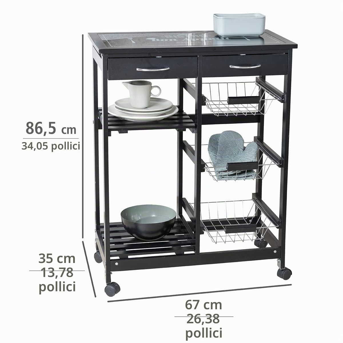 WENKO Carrello portavivande Bon Appetit, con ruote e ripiano in vetro con motivo, ideale come carrello per servire a tavola o scaffale per la cucina, in MDF, 67 x 86,5 x 35 cm, colore nero