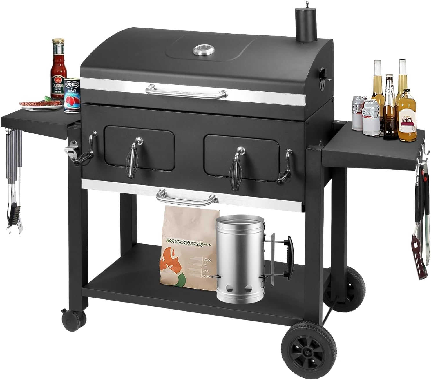 Charcoal Grill Outdoor BBQ Grill, Extra Large Cooking Area 794 Square Inches with Two Individual & Adjustable Charcoal Tray, Foldable Side Tables for Outdoor Cooking Backyard Camping Picnics By DNKMOR