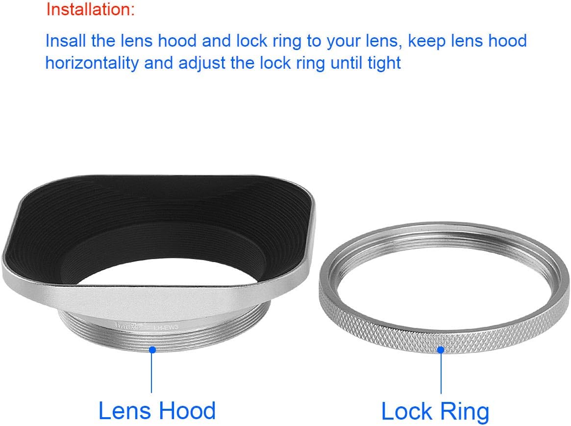 Haoge LH-EW2 49mm Square Metal Screw-in Lens Hood with Cap for 49mm Canon Nikon Sony Leica Voigtlander Nikkor Panasonic Pentax Contax Olympus Lens and Other Lens with 49mm Filter Thread Silver