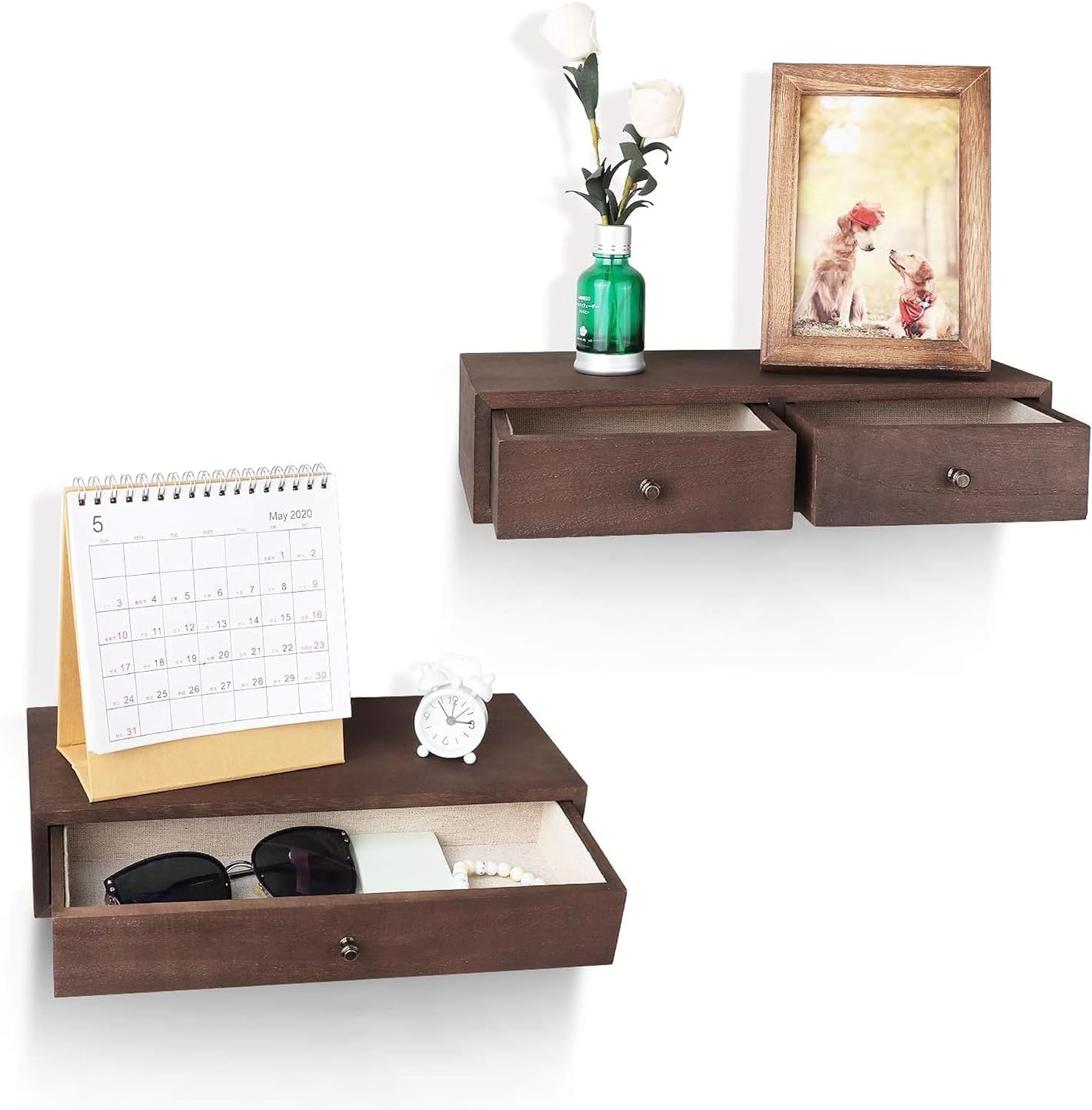 2 Packs Floating Nightstand with Drawer - Rustic Wood Floating Wall Mounted Drawers Floating Shelf with Drawer for Living Room, Bedroom, Kitchen, Wall Decor, Storage, Display - (Brown)-image-47
