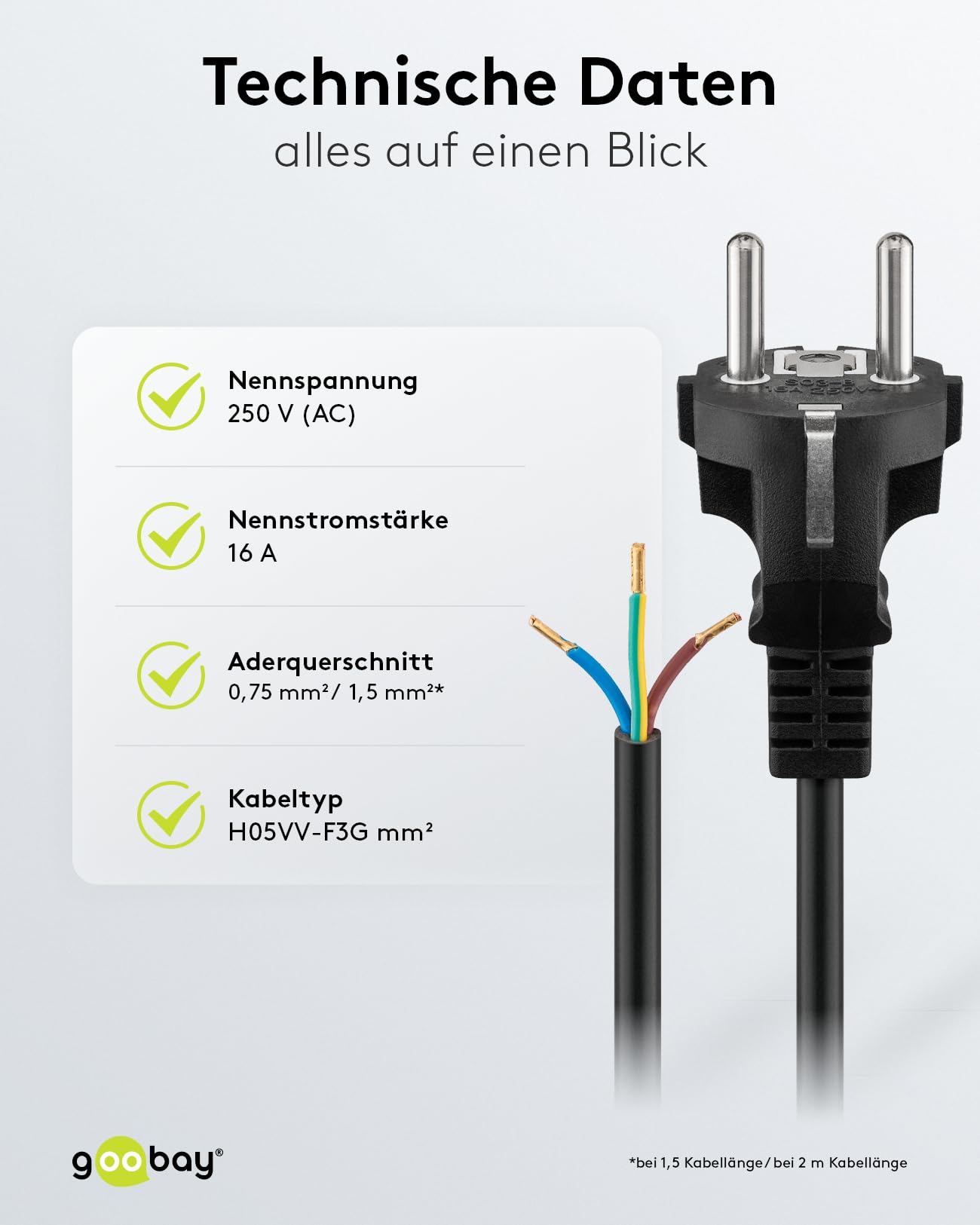 Goobay 94701 kabel zasilający z otwartymi końcówkami kabli i zaciśniętymi tulejkami kablowymi/prosta wtyczka ze stykiem ochronnym/uniwersalny kabel zasilający/czarny / 2 m