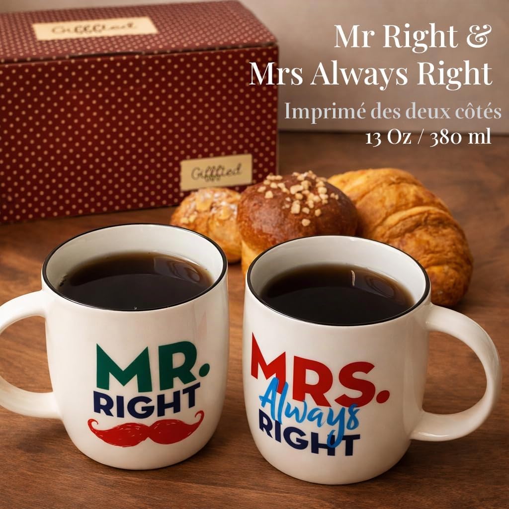 Gifffted Tasse Duo Mr Right Et Mrs Always Right, Mug Original Idée Cadeau Anniversaire Mariage, Pour Couple, Femme, Homme, Amis, Amoureux, Elle, Lui, Noel, Cafe, Tasse Humour
