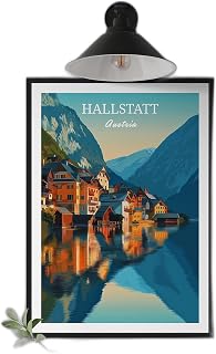 Hallstatt Austria travel poster featuring a lakeside village with autumn colors and mountain scenery for wall decor