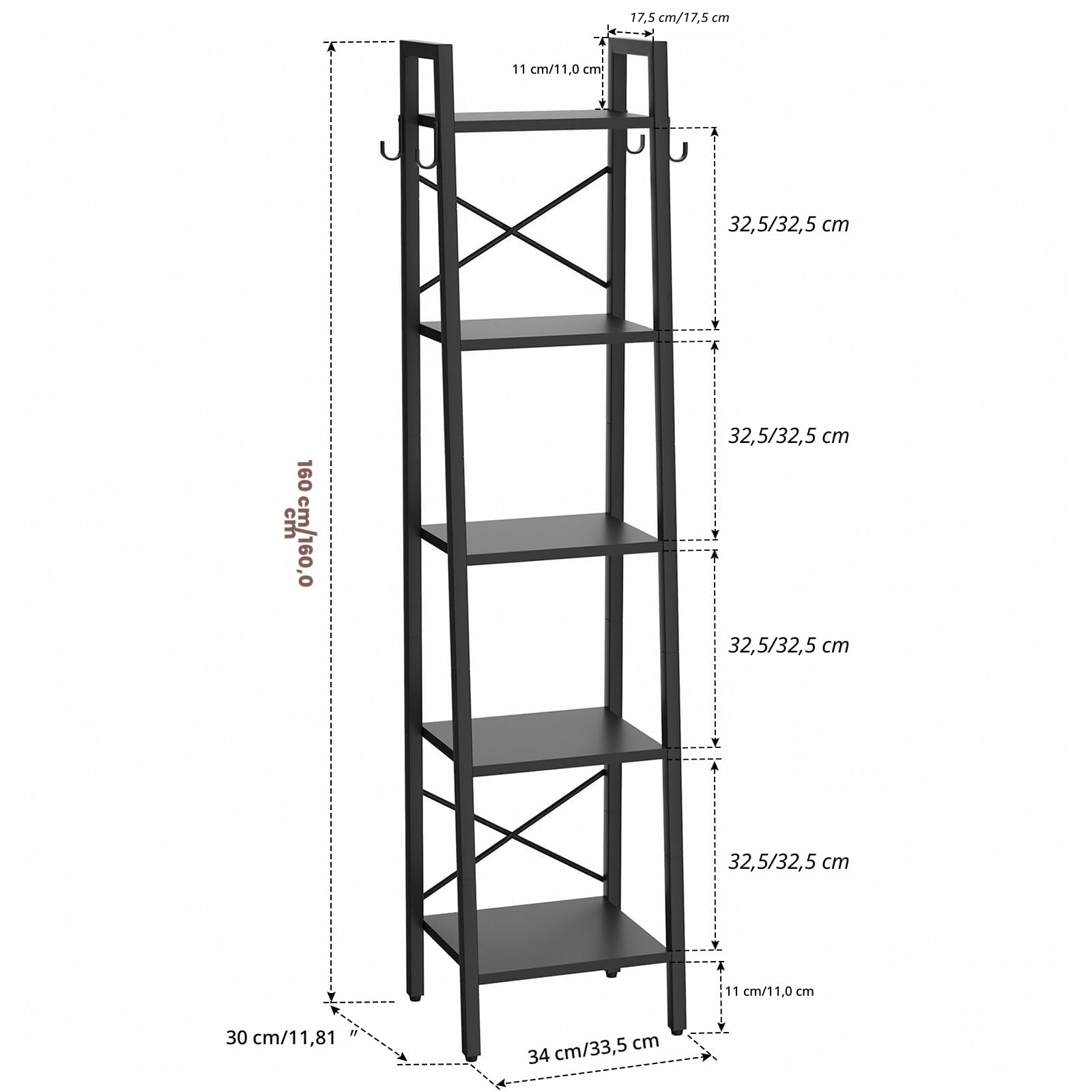 YMYNY 160CM Scaffale a Scala con 4 Ganci, Libreria a 5 Ripiani, Scaffale Portaoggetti, per Soggiorno Camera da Letto Cucina Studio, Stile Industriale, Struttura in Metallo, Nero HBC025B