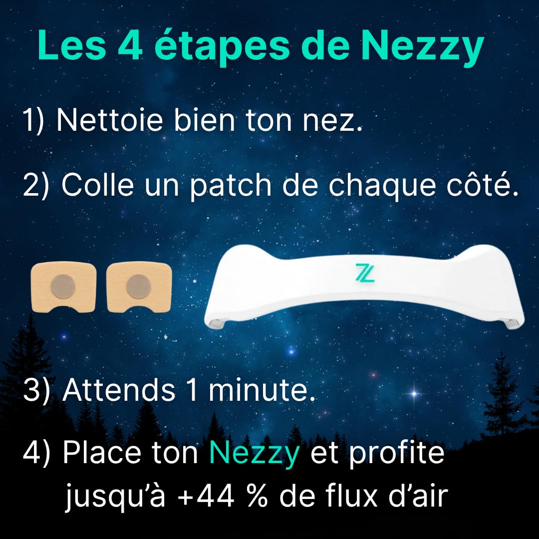 Nezzy Bandes Nasales Magnétiques – 4 Bandes Réutilisables à Vie + Patchs Adhésifs 30 Jours – Qualité Premium – Confort Respiratoire, Sommeil Réparateur, Sport, Anti-Ronflements - Marque française