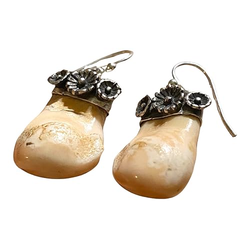 Miniatura 4 de Sterling Silver Large Bull Elk Tooth Southwest Blossom Flower Dangle Drop Earrings. Elk Teeth. Made in the heart of New Mexico.