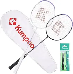 KUMPOO Conjunto de badminton com 2 raquetes de badminton de eixo de carbono, overgrips de substituição e 1 bolsa de raquete, raquetes de badminton 4U-82g duráveis para iniciantes e adultos, jogos ao