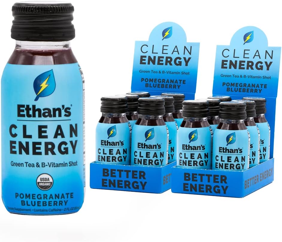 Ethan's Organic Clean Energy Shots Pomegranate Blueberry, 12 Pack of 2oz | 150mg Caffeine | Green Tea, Guayusa, Lion's Mane & Cordyceps | Sugar-Free, Vegan, Gluten-Free, USDA Organic
