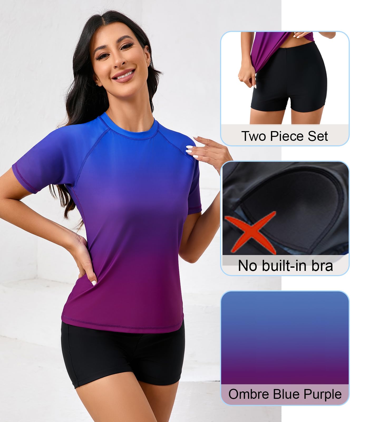 Halcurt Set da donna a maniche corte in due pezzi con maglietta da nuoto UPF 50 con pantaloncini da surf