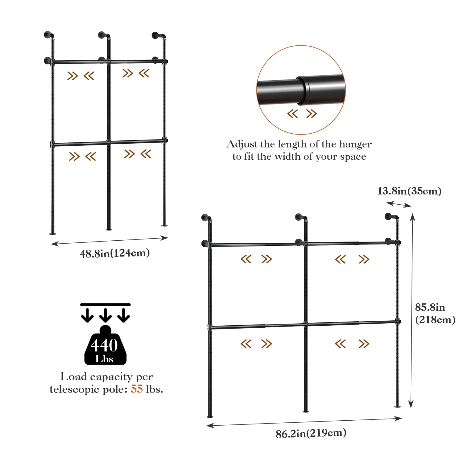 Portant à Vêtement Téléscopique Industriel,Système de Penderie Murale avec 4 Barres,Garde-Robe,Porte Manteau avec Tube Robuste,Capacité de Charge 440lb, 220x218 cm