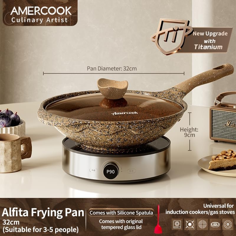 Amercook Alfita Maifan Stone 12.6-inch Non-Stick Frying Pan, Flat-bottom Granite Wok