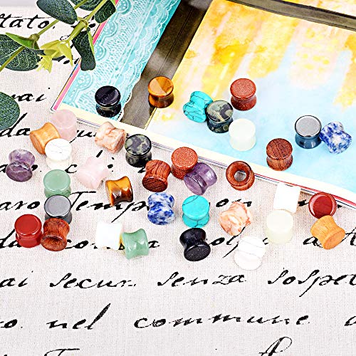 Longbeauty Wood Mixed Stone Plugs 18 Pairs/36 Pcs Double Flared Saddle Gauges Tunnels Expander Piercing Set (Gauge= 8mm(0g))