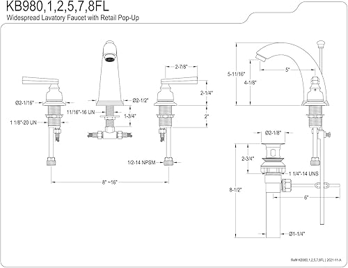 Miniatura 2 de Kingston Brass KB982FL Royale Grifo de lavabo generalizado con latón emergente, latón pulido, centro ajustable de 8 pulgadas
