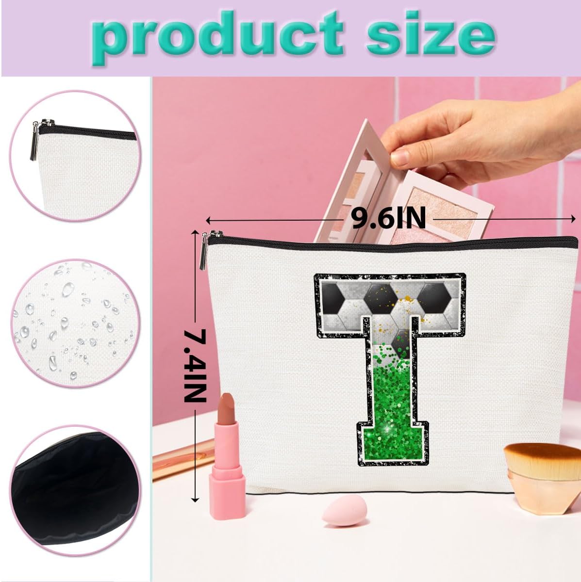 Soccer Gifts Initial Makeup Bag Soccer Girl Gifts Cosmetic Bag Letter T image 4