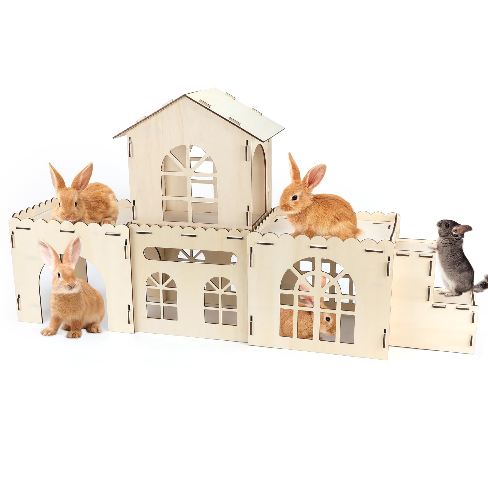 Sbayool Extra Large Wooden Rabbit Castle, Detachable Indoor Climbing Hideout, Sturdy Small Animal Playhouse for Bunny, Guinea Pig, Chinchilla, Ferret