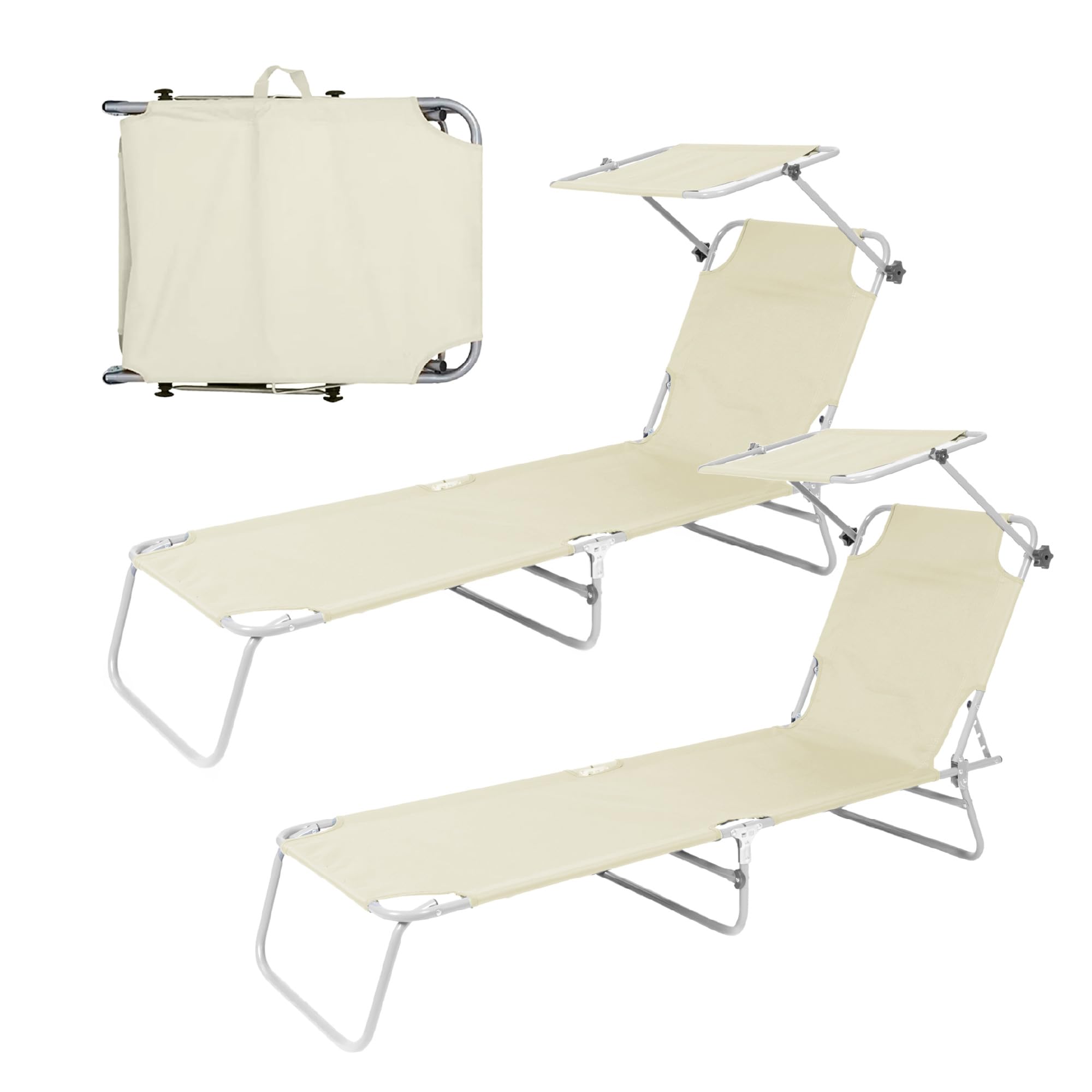 IlGruppone Coppia Lettini Prendisole Pieghevoli con Parasole Regolabile, Schienale Reclinabile in 4 Posizioni, Struttura in Acciaio Anti-Ruggine, Tessuto Impermeabile Anti-UV, Portata 110 kg - Ecru