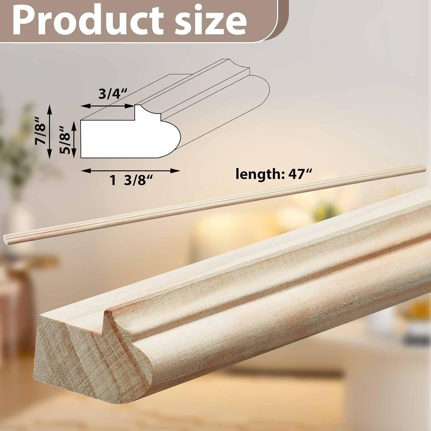 2 Pack 47" Kitchen Cabinet Light Rail Molding 1-3/8" Wide x 7/8" Trim Wood Unfinished Kitchen Cabinet Molding for DIY Cabinetry, Yellow Poplar, 94" Total 47''x 1-3/8''x7/8'' Cabinet Light Rail Poplar