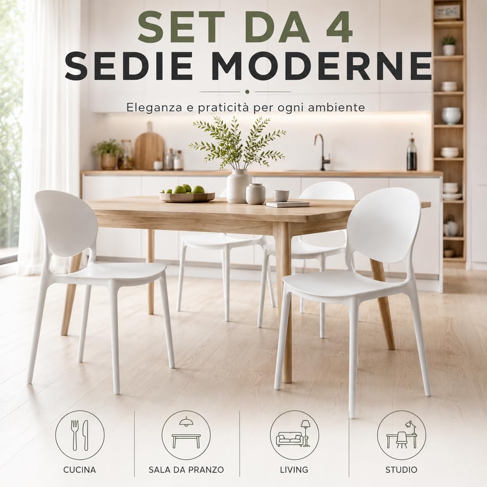 BAKAJI Set 4 Sedie da Pranzo Impilabili Salvaspazio Modello Milano, Struttura Resistente Polipropilene, Seduta Ergonomica Ideale per Interno, Esterno, Casa, Giardino, Ristorante, Bar, 48 x 40 x 80 cm