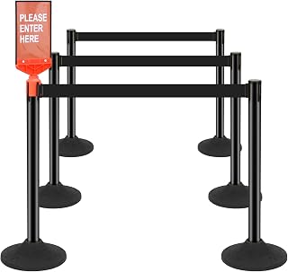 AMBUND 6-Pack Heavy Duty Retractable Belt Stanchions with Weighted Rubber Base - Black Crowd Control Barriers for Events, Queues & Safety