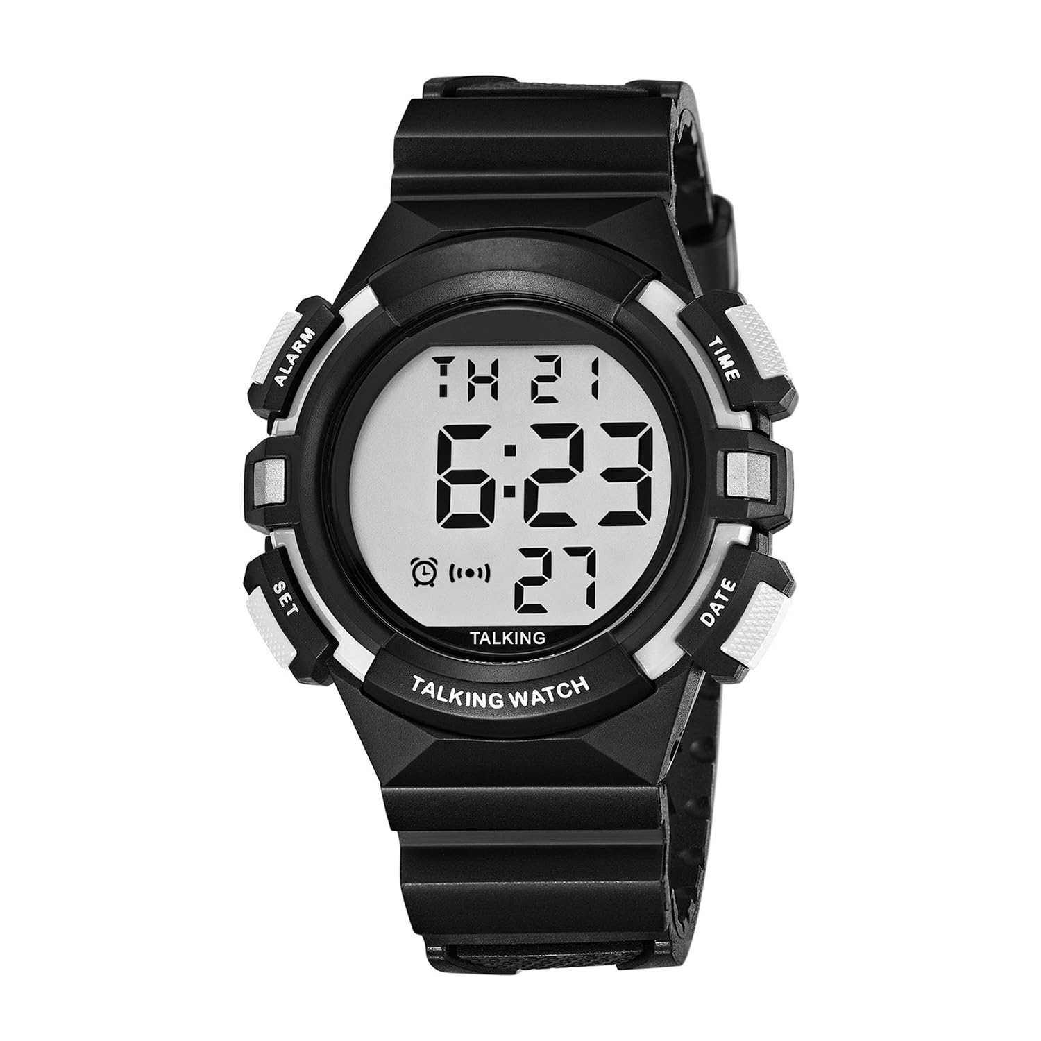 Orologio Parlante STALK 1 – Voce chiara – Data/Ora - Display Digitale – Allarme programmabile - Pulsante Singolo - Cinturino Comodo – Ideale per Anziani e Ipovedenti