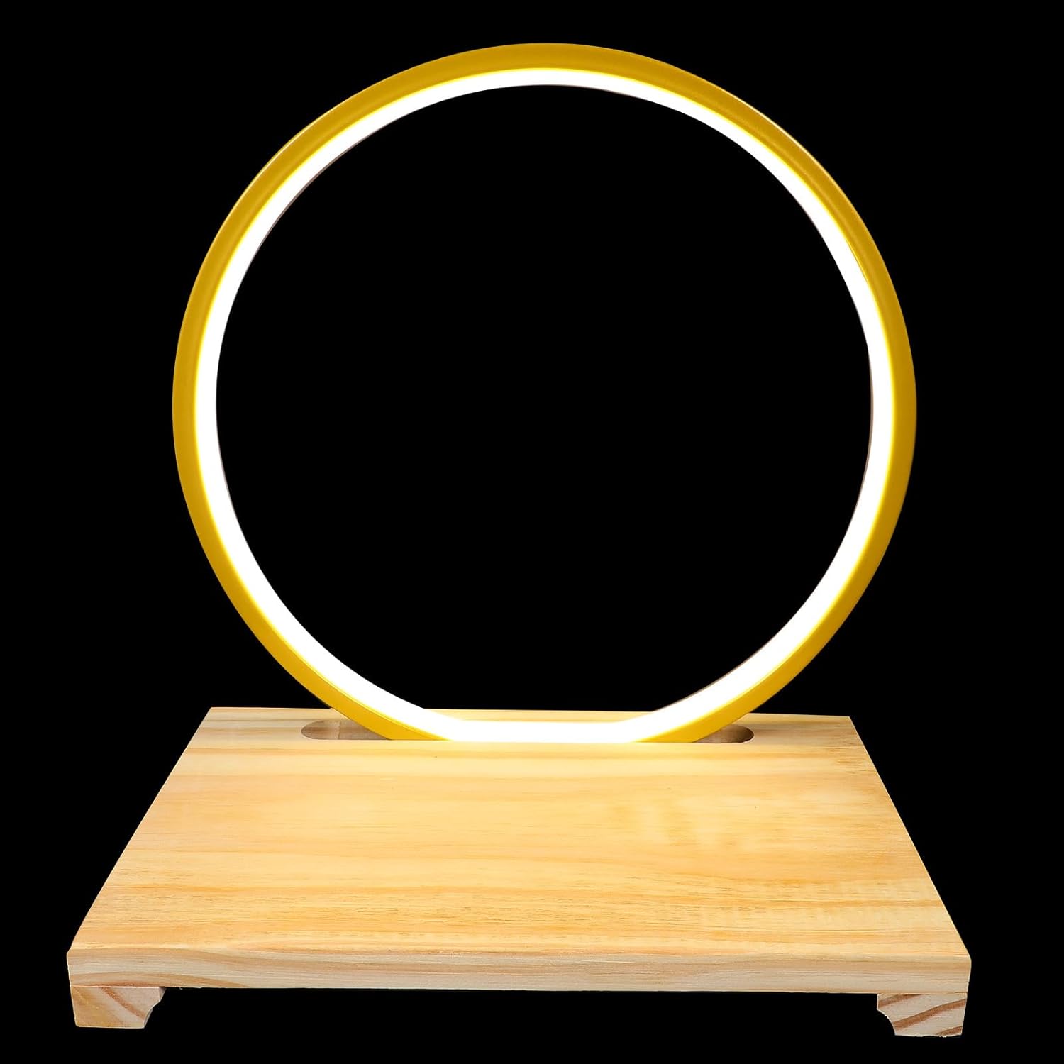 Wooden LED Lamp Base with Gold Light Ring, 30cm Diameter Zen Buddha Display Pedestal on Natural Wood Stand, Desktop Ornament for Living Room and Office Home Décor