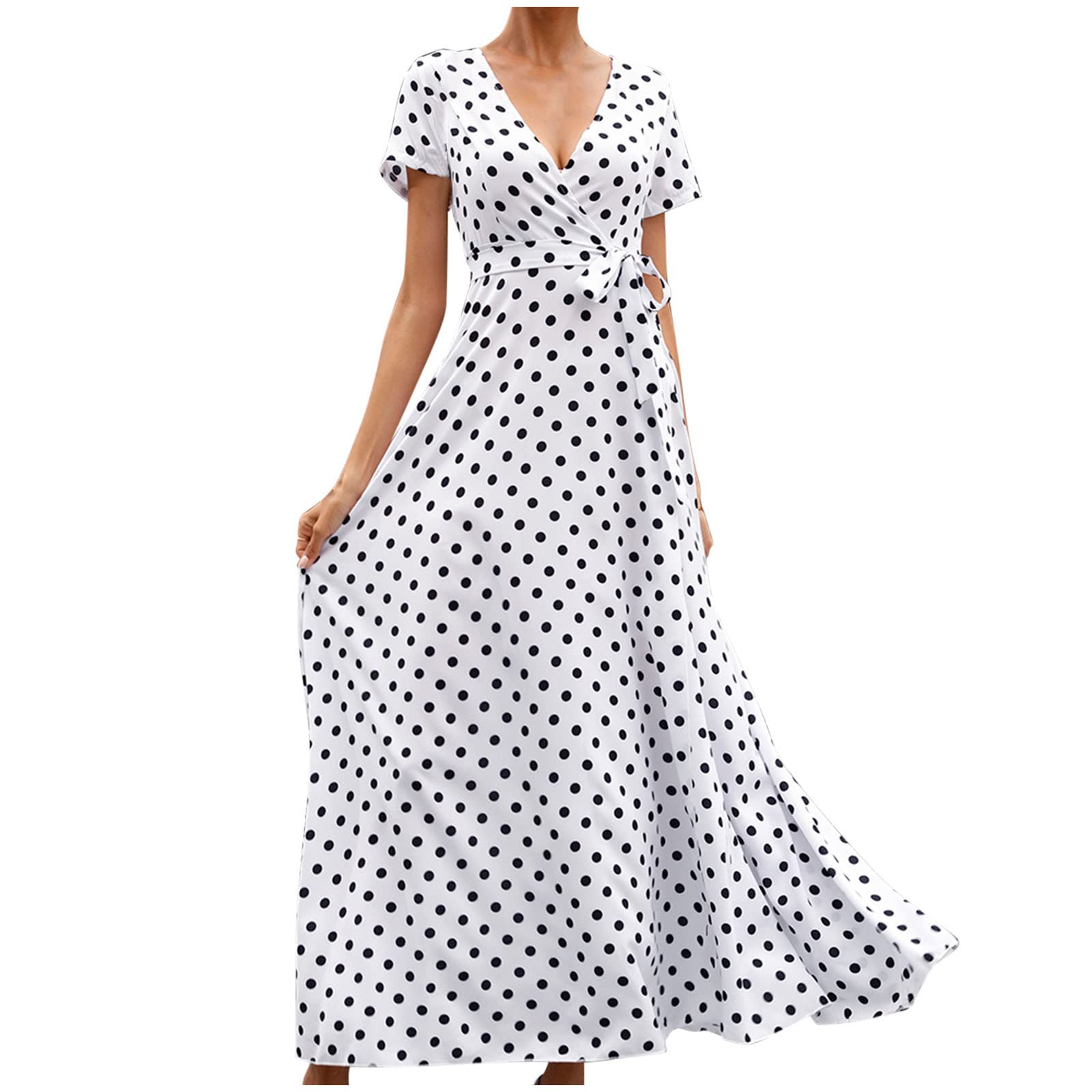 LUCKME2022 New Women Maxi Dress Polka Dot Short Sleeve Summer Dresses Sexy V Neck Wrap Dress Casual Elegant Full Length Beach Boho Sundress Ladies A Line Long Dresses with Belt UK Clearance