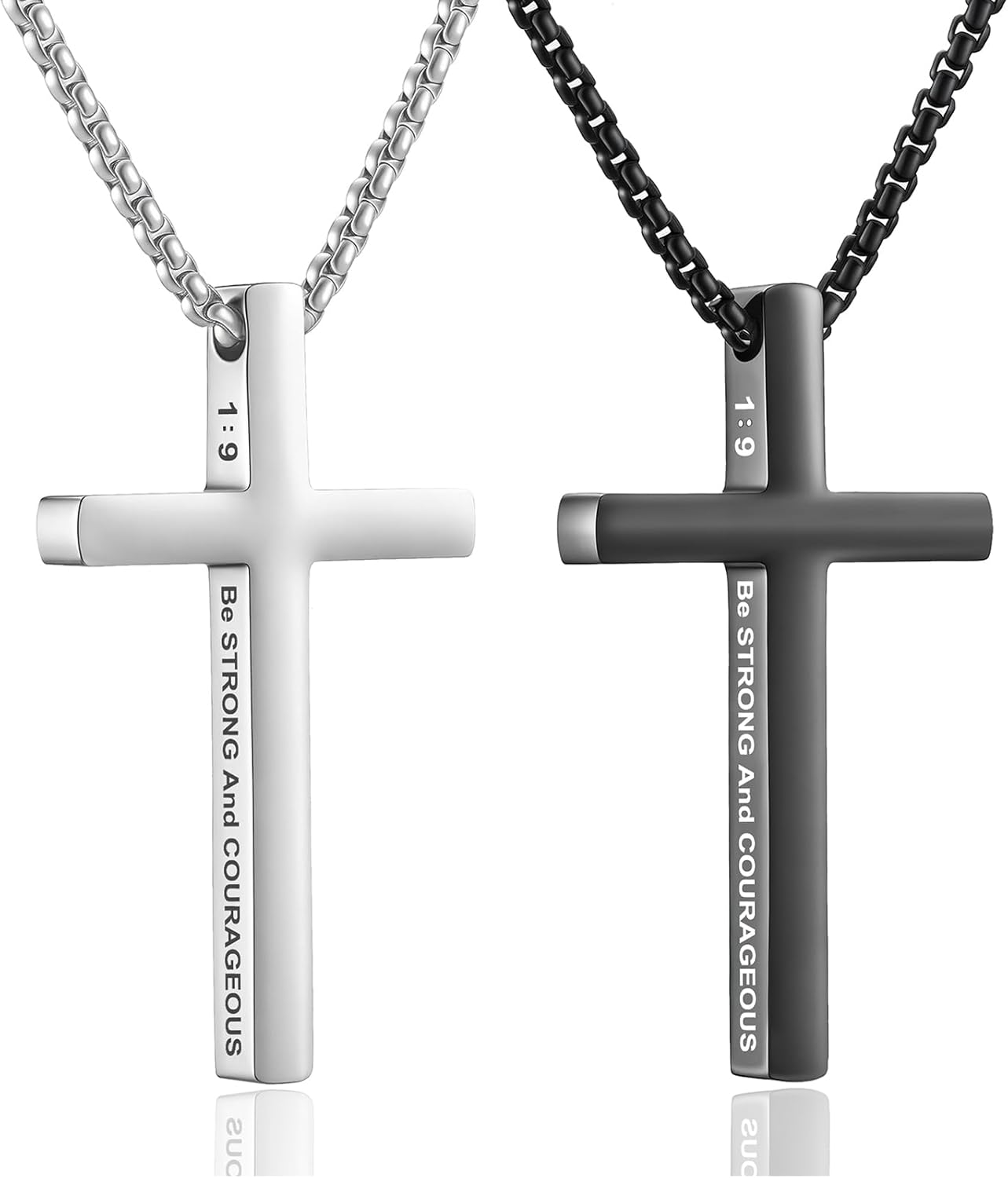 2 Pcs Silver Black Cross Necklace for Men Inspirational Bible Verse Cross Chain, Religious Christian Stainless Steel Cross Pendant Necklace Jewelry Gifts