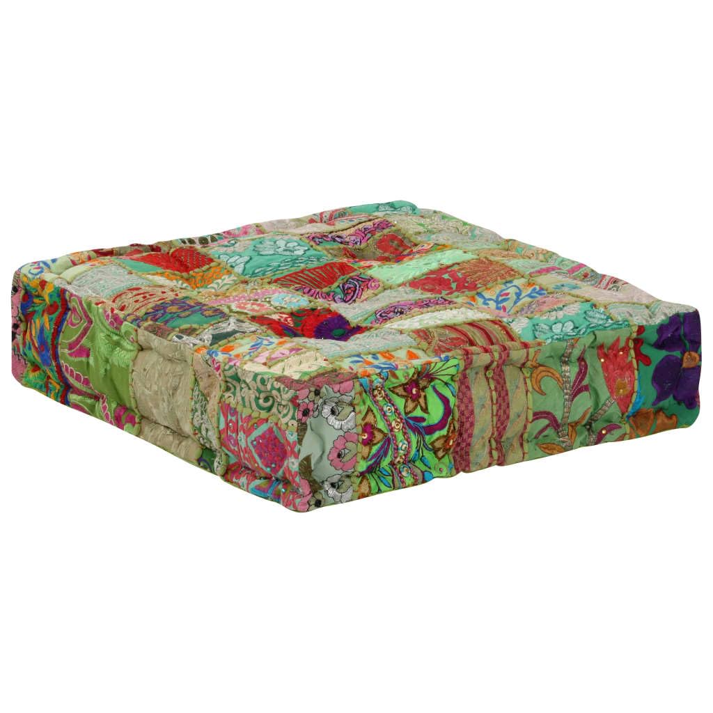 vidaXL Pouf Flickwerk Quadrat Baumwolle Handgefertigt 50×50×12 cm Grün