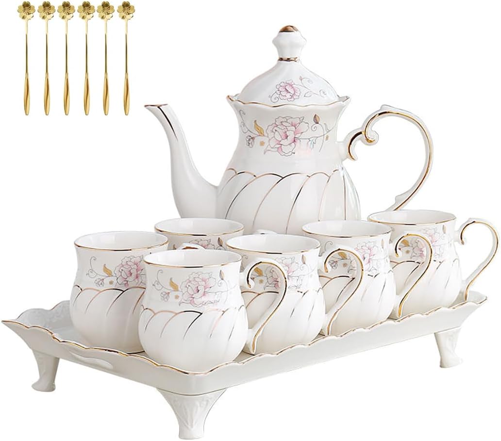 14-Pieces Porcelain Teapot Set Ceramic Coffee Cup Teacup with Gold Spoon Tea Party Tray Holder Gift Sets