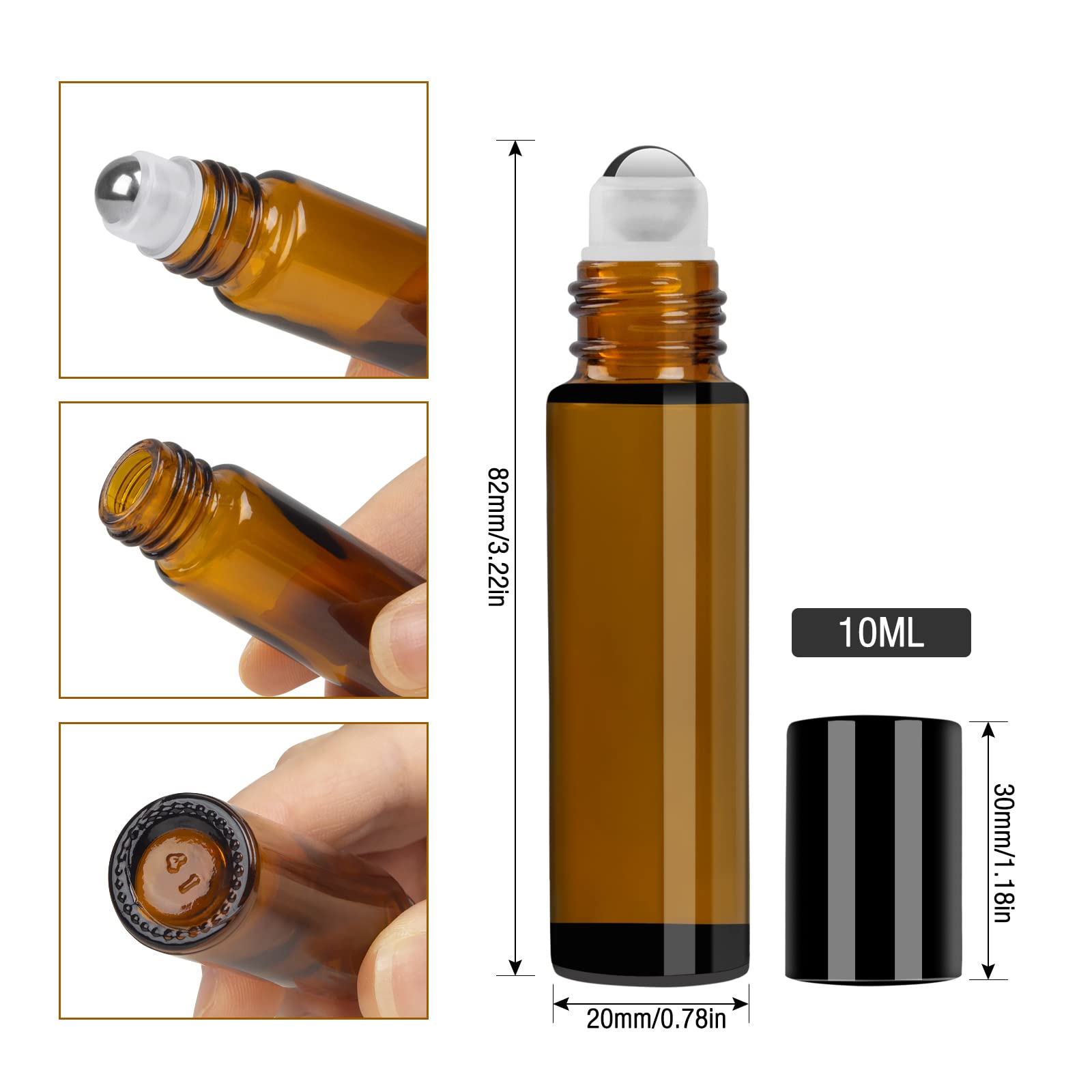 24 Flacons Roll-On Verre Ambré 10ml - Bille Acier Inox - Huiles Essentielles, Parfums, Voyage