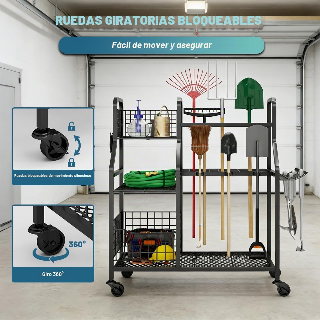 Carro Herramientas Jardín con Ruedas,3 Niveles Organizador Garaje | metal resistente, 4 ruedas con 2 frenos, ganchos para herramientas largas, 91x41x93 cm, para jardín taller sótano