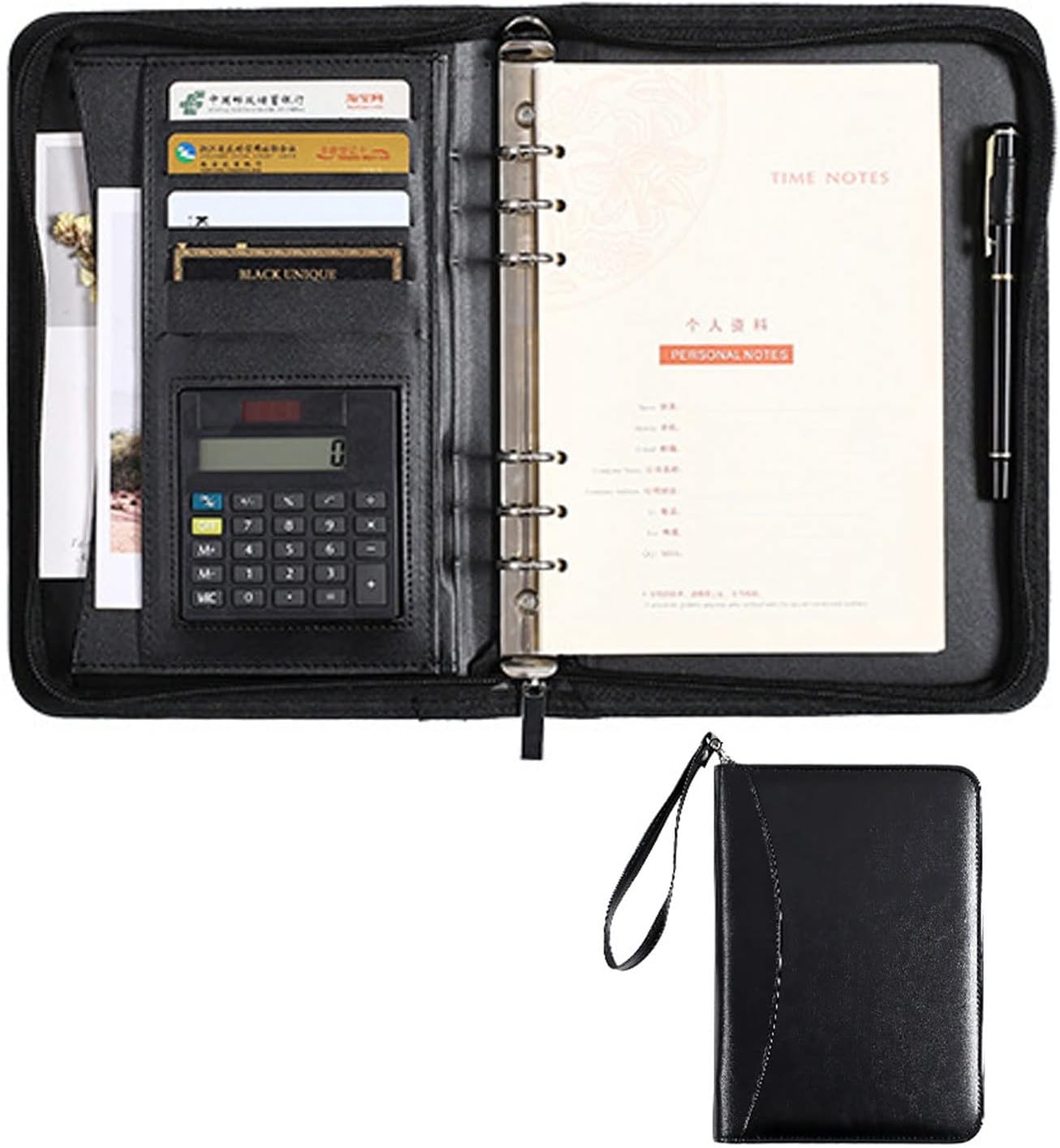 Padfolio A5 Business Portfolio Leather Binder Professional Multifunctional Folder with Zipper Resume Organizer with Writing Pad and Calculator Gift for Men Women(Black)