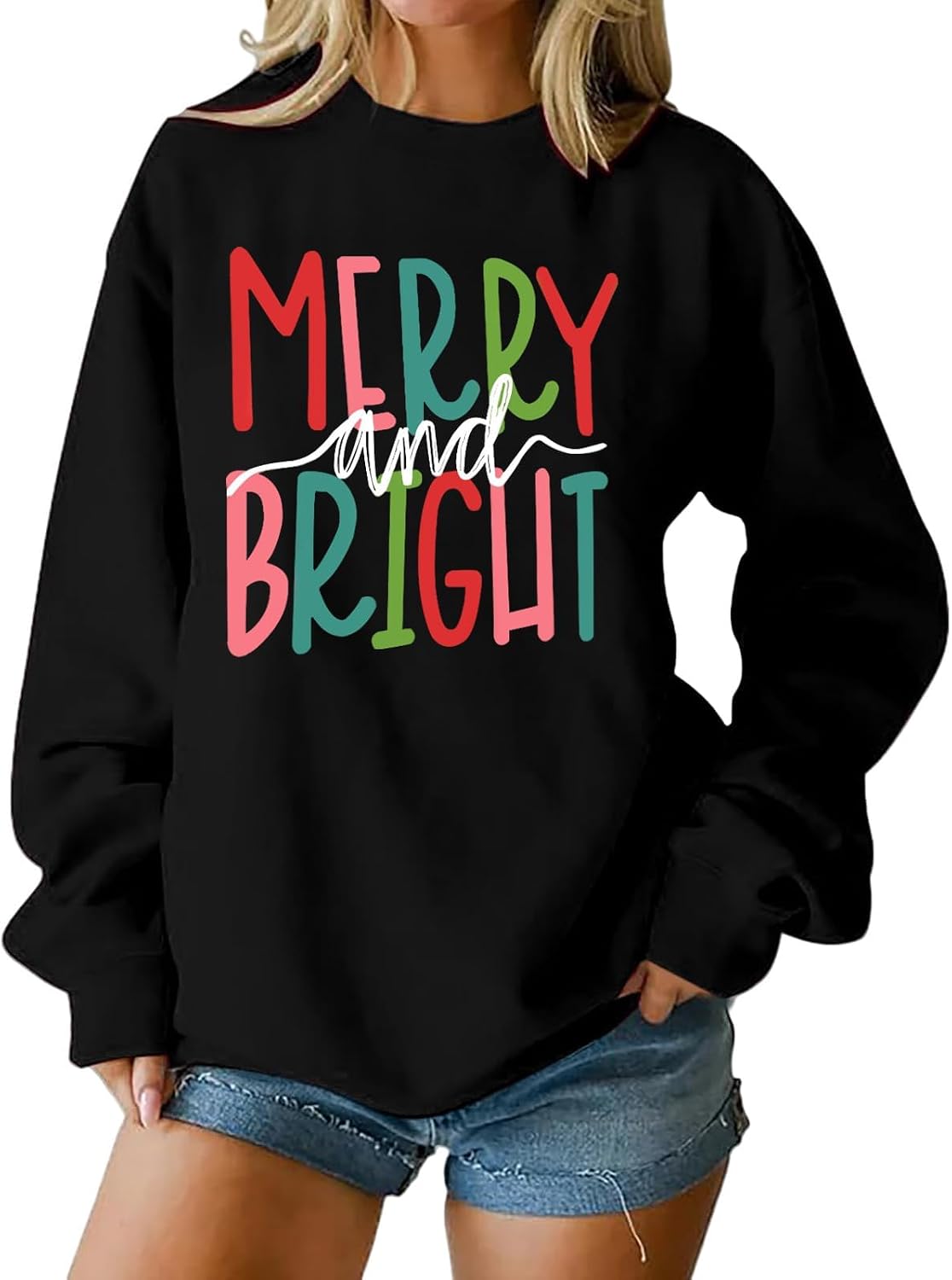 Women's Christmas Sweatshirt, Merry And Bright Christmas Pullover Shirt Novelty Chenille Patch Xmas Gift Holiday Top