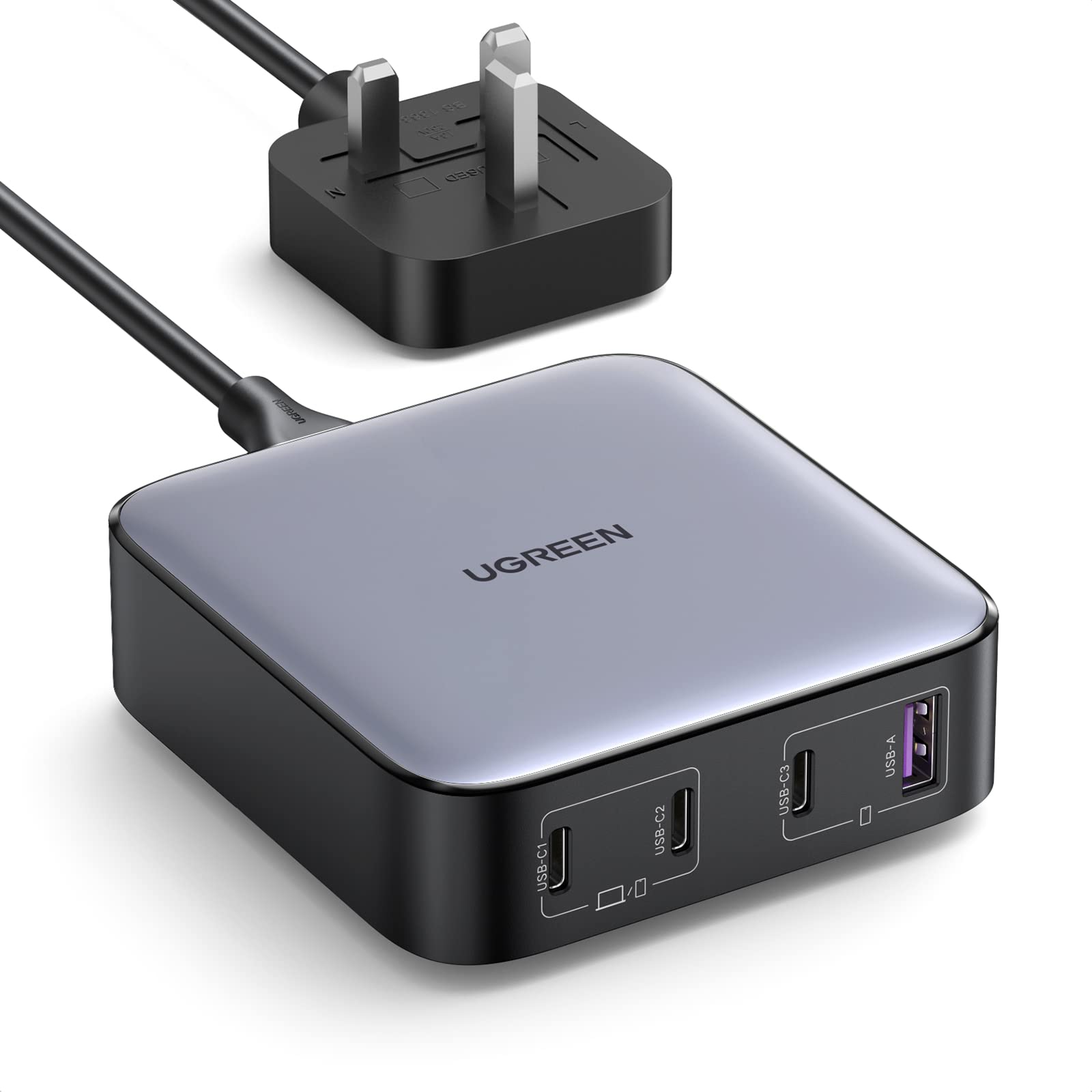 Nexode 100W 4-Ports USB C Charging Station, GaN Fast Charging Laptop Adapter with Multiple Protection Stable Desktop Stand Charger for MacBook Air/iPhone 17 Pro Max/Samsung S25/24U(2M UK Plug)